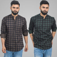 Pack Of 2 Mens Coffee And Green Check Cotton Short Kurta Combo