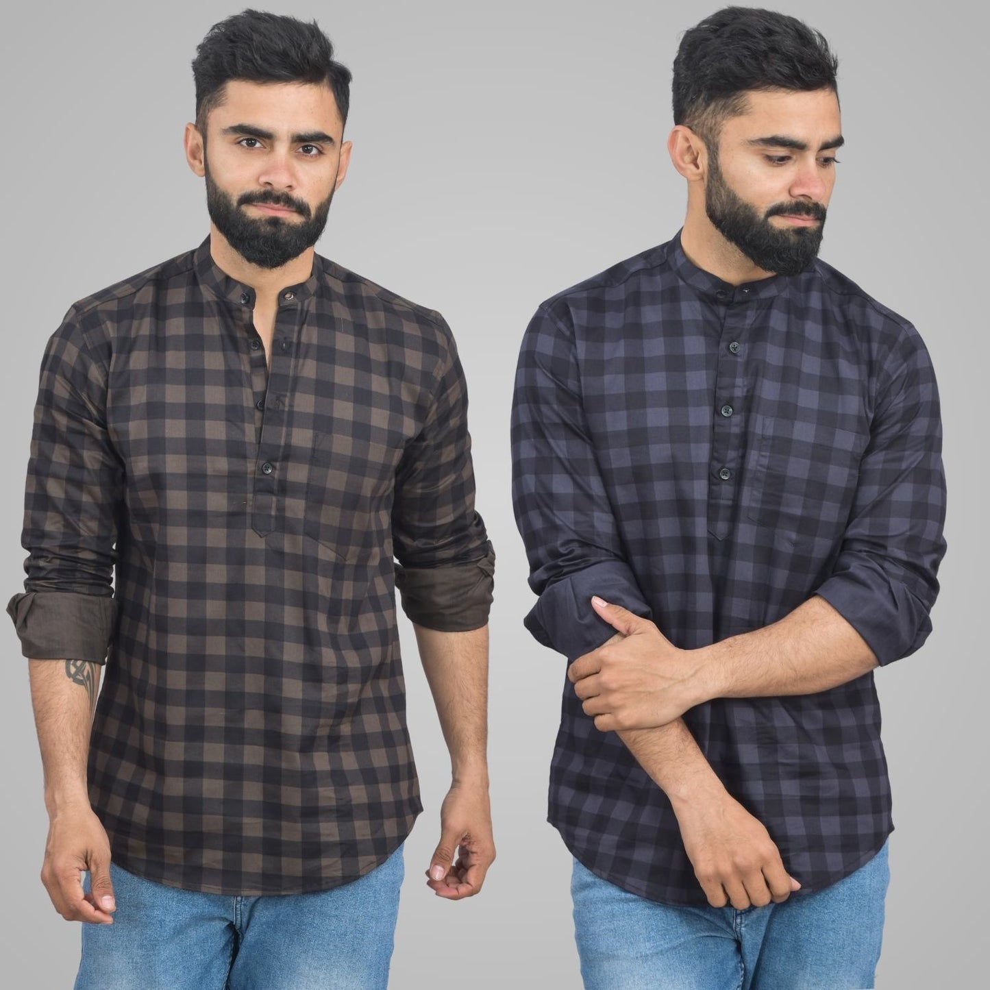 Pack Of 2 Mens Coffee And Grey Check Cotton Short Kurta Combo