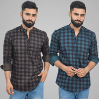 Pack Of 2 Mens Coffee And Ocian Blue Check Cotton Short Kurta Combo