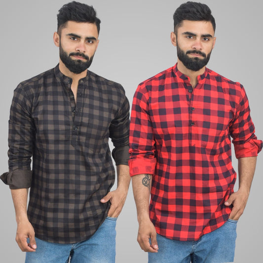 Pack Of 2 Mens Coffee And Red Check Cotton Short Kurta Combo