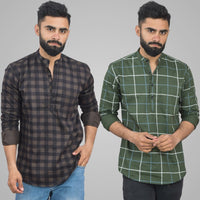 Pack Of 2 Mens Coffee And Mehendi Green Wide Check Cotton Short Kurta Combo