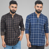 Pack Of 2 Mens Coffee And Navy Blue Wide Check Cotton Short Kurta Combo