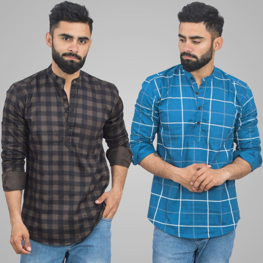 Pack Of 2 Mens Coffee And Teal Blue Wide Check Cotton Short Kurta Combo