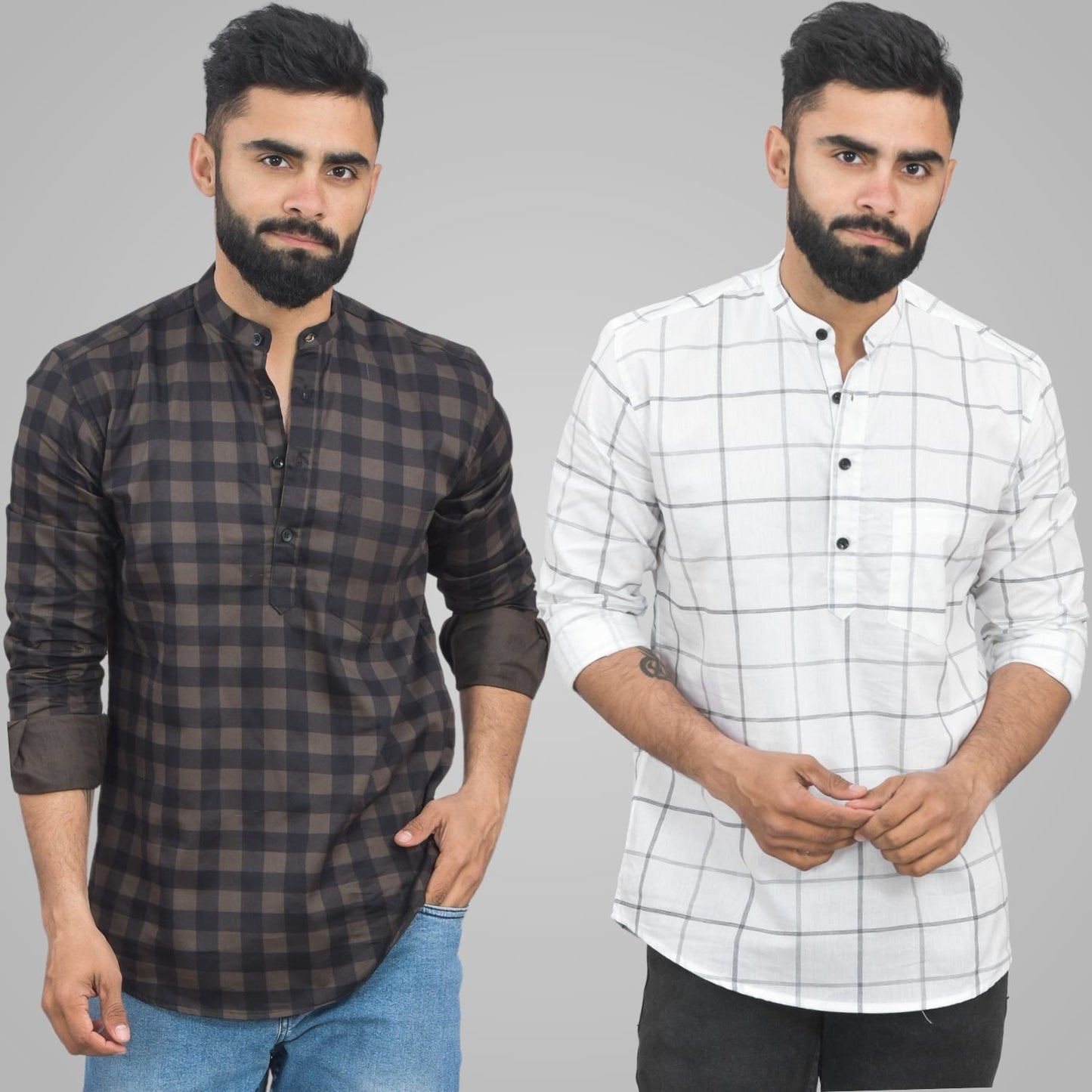 Pack Of 2 Mens Coffee And White Wide Check Cotton Short Kurta Combo