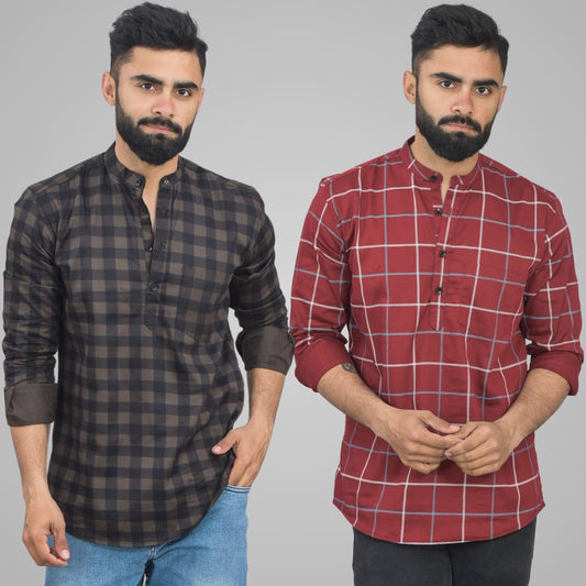Pack Of 2 Mens Coffee And Wine Wide Check Cotton Short Kurta Combo