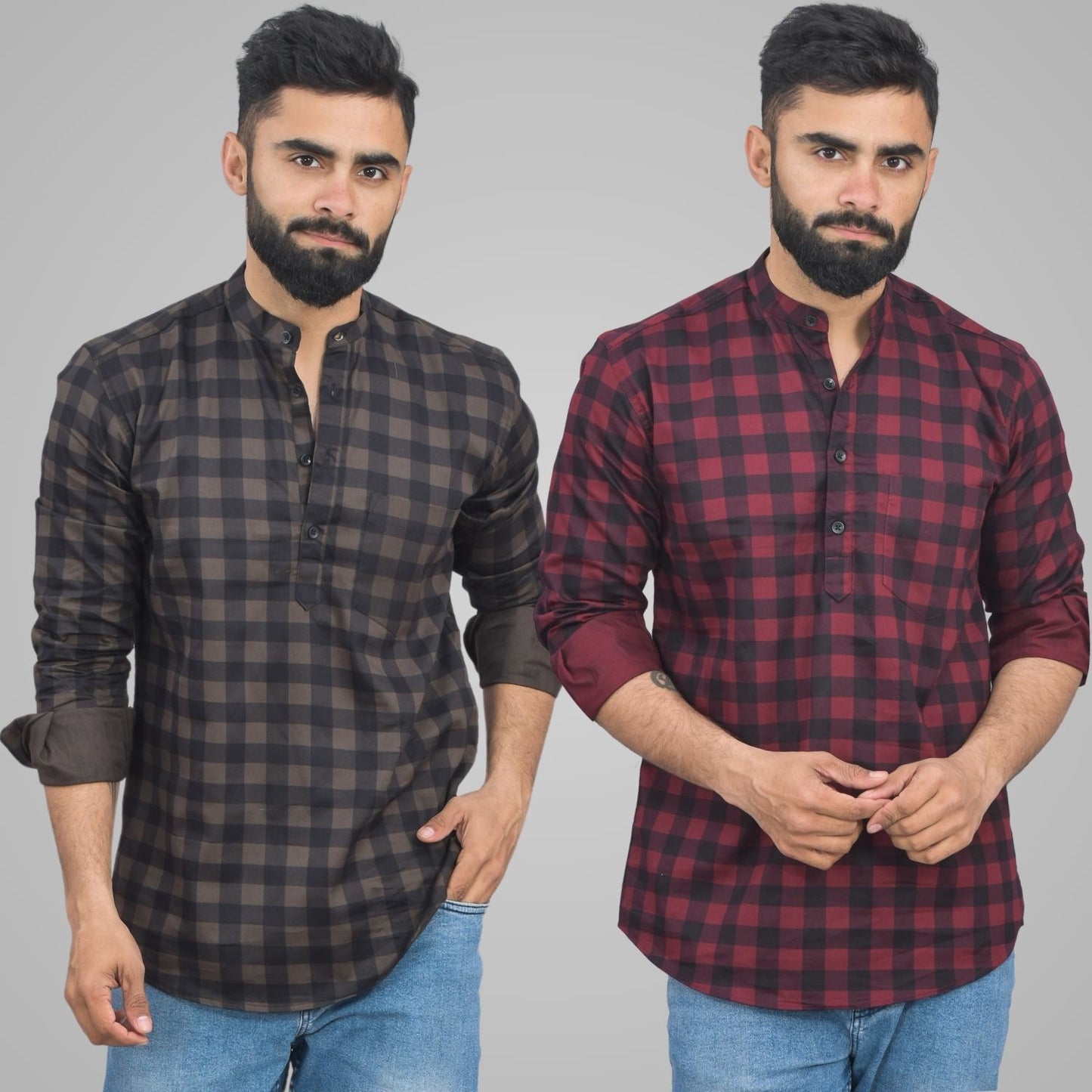 Pack Of 2 Mens Coffee And Wine Check Cotton Short Kurta Combo