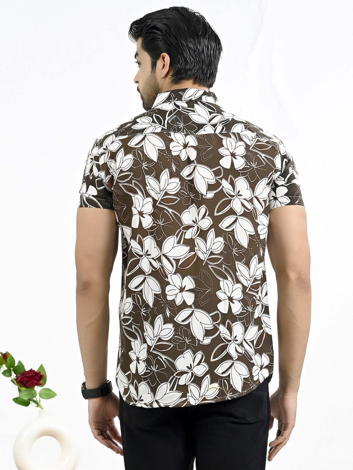 Mens Coffee Floral Printed Half Sleeve Crepe Shirt