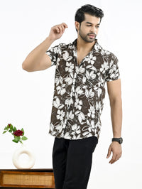 Mens Coffee Floral Printed Half Sleeve Crepe Shirt