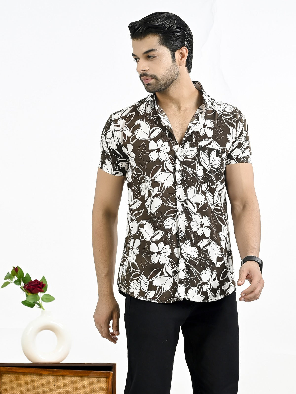 Mens Coffee Floral Printed Half Sleeve Crepe Shirt