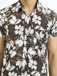 Mens Coffee Floral Printed Half Sleeve Crepe Shirt