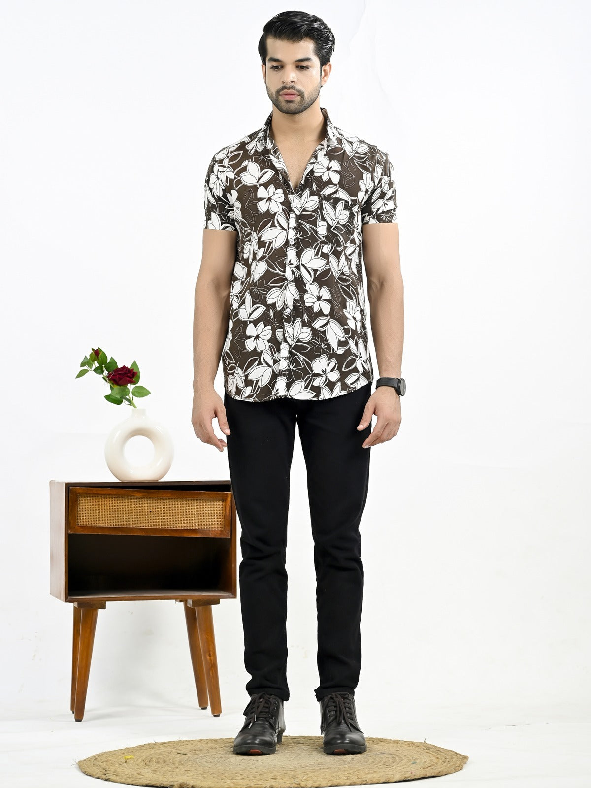 Mens Coffee Floral Printed Half Sleeve Crepe Shirt