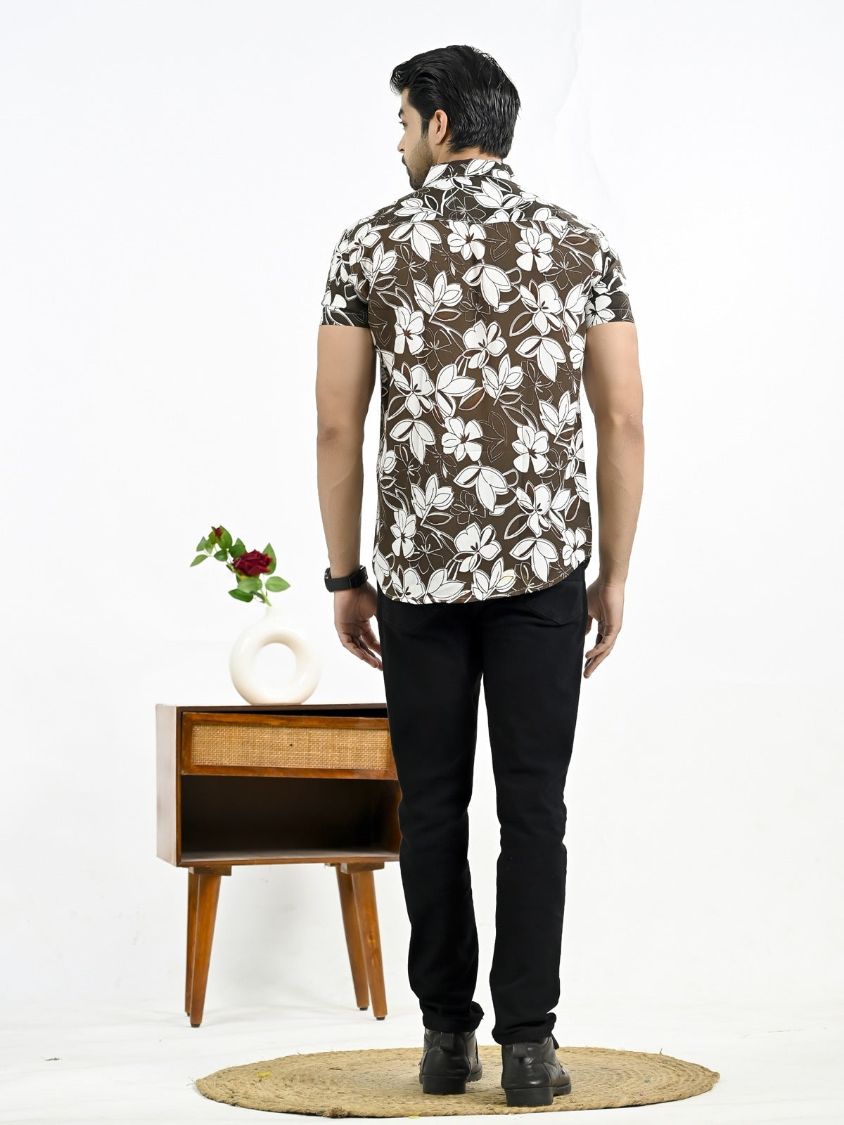 Mens Coffee Floral Printed Half Sleeve Crepe Shirt