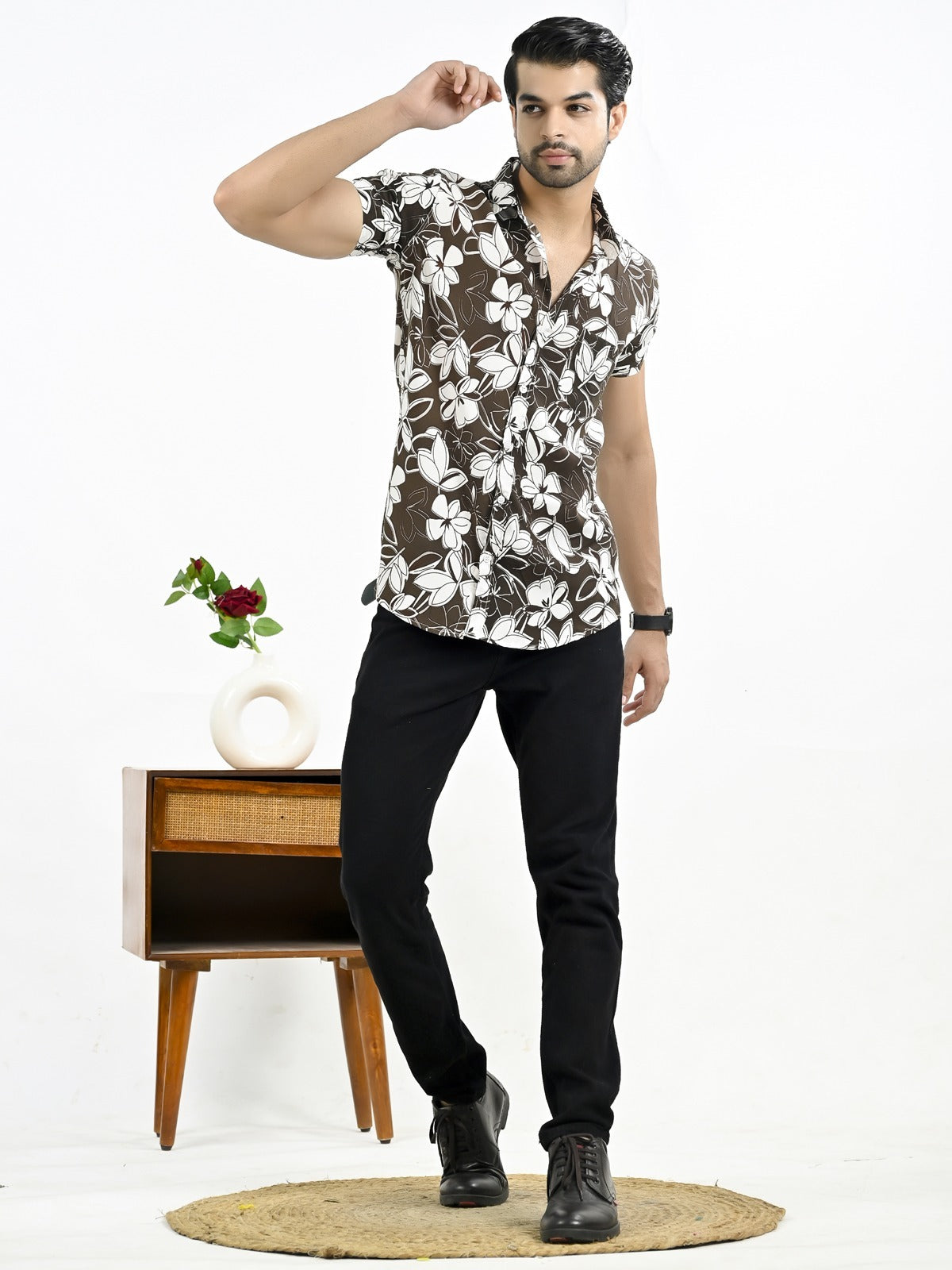 Mens Coffee Floral Printed Half Sleeve Crepe Shirt