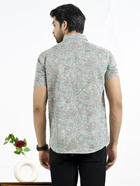 Mens Light Blue Floral Printed Half Sleeve Crepe Shirt