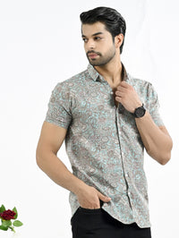 Mens Light Blue Floral Printed Half Sleeve Crepe Shirt