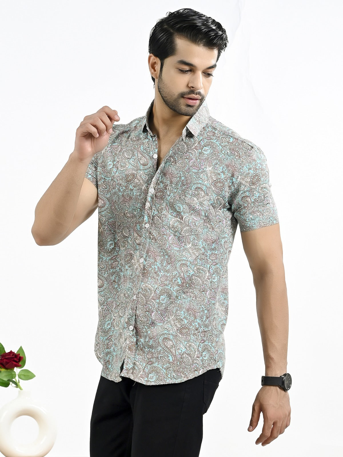 Mens Light Blue Floral Printed Half Sleeve Crepe Shirt