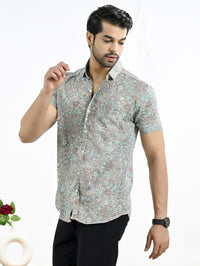 Mens Light Blue Floral Printed Half Sleeve Crepe Shirt