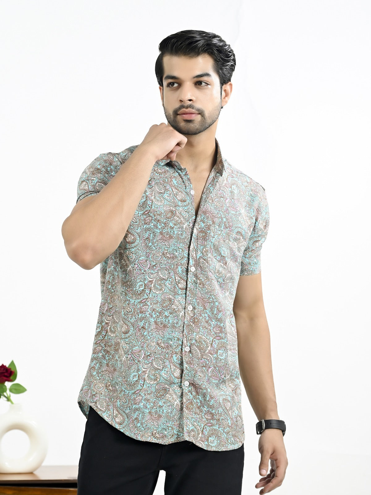 Mens Light Blue Floral Printed Half Sleeve Crepe Shirt