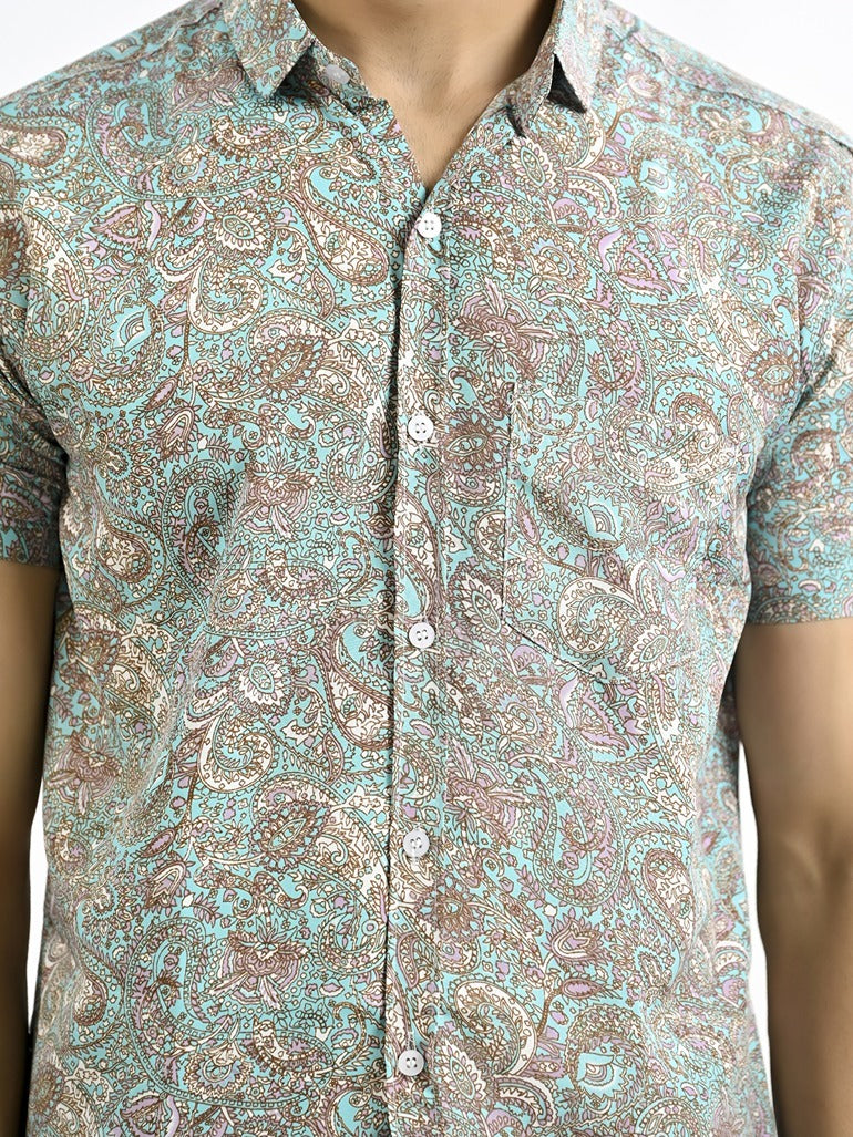 Mens Light Blue Floral Printed Half Sleeve Crepe Shirt