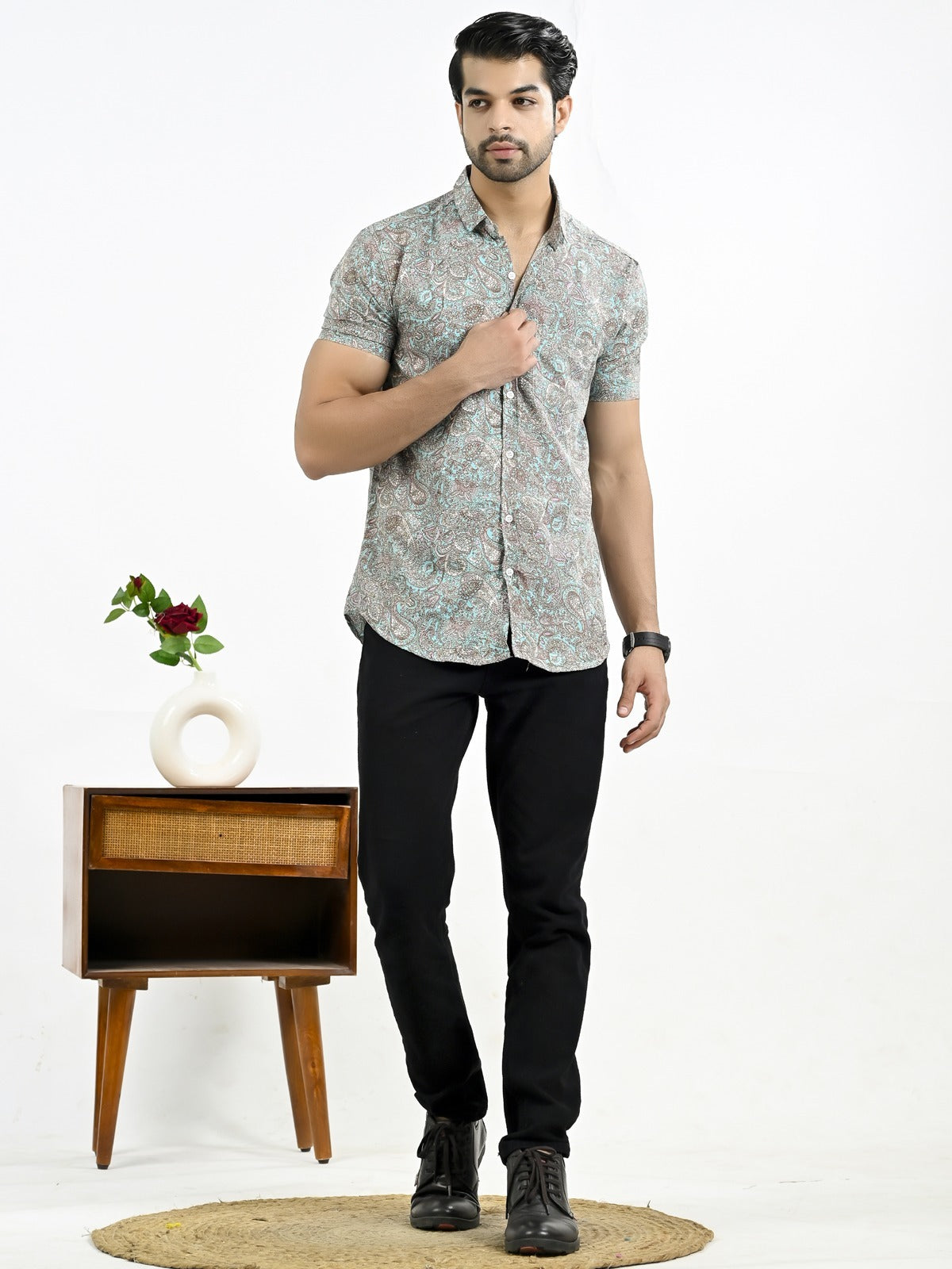 Mens Light Blue Floral Printed Half Sleeve Crepe Shirt