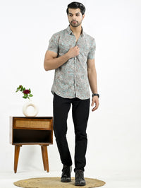 Mens Light Blue Floral Printed Half Sleeve Crepe Shirt