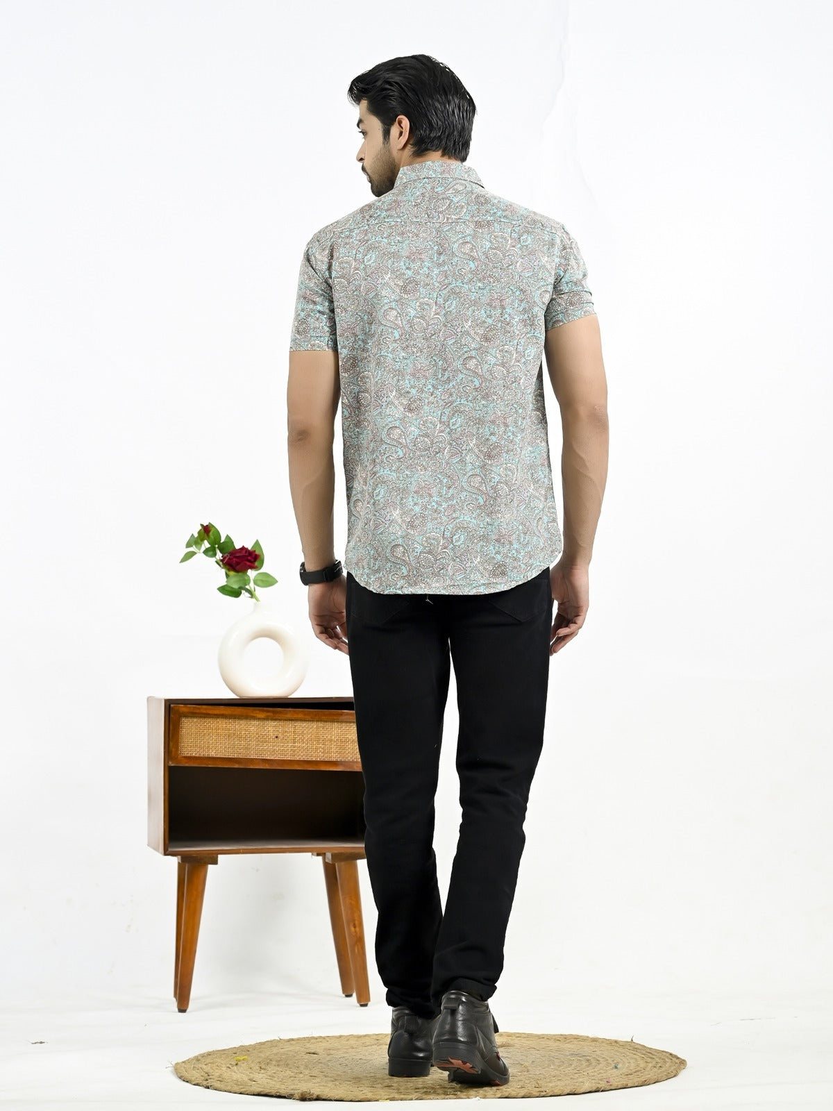 Mens Light Blue Floral Printed Half Sleeve Crepe Shirt