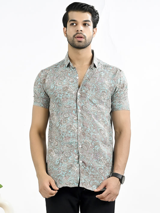 Mens Light Blue Floral Printed Half Sleeve Crepe Shirt