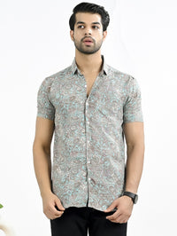 Mens Light Blue Floral Printed Half Sleeve Crepe Shirt