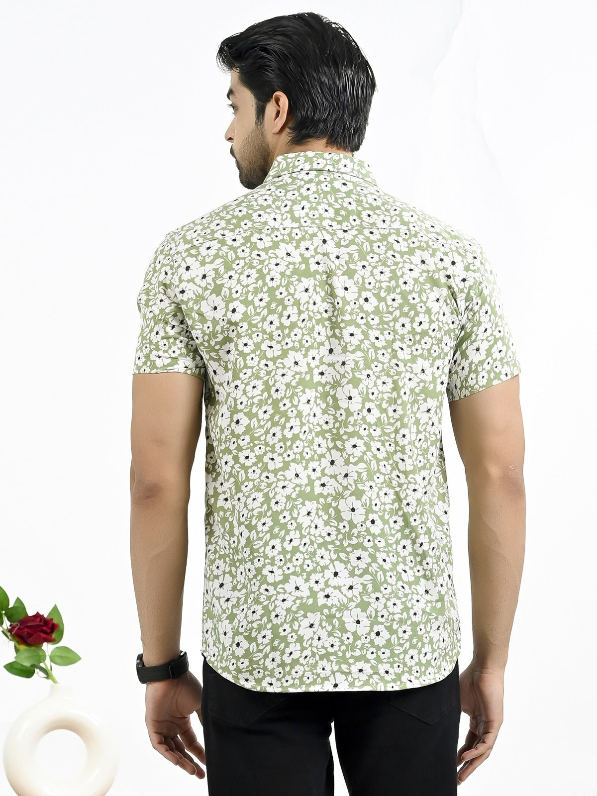 Mens Green Floral Printed Half Sleeve Crepe Shirt