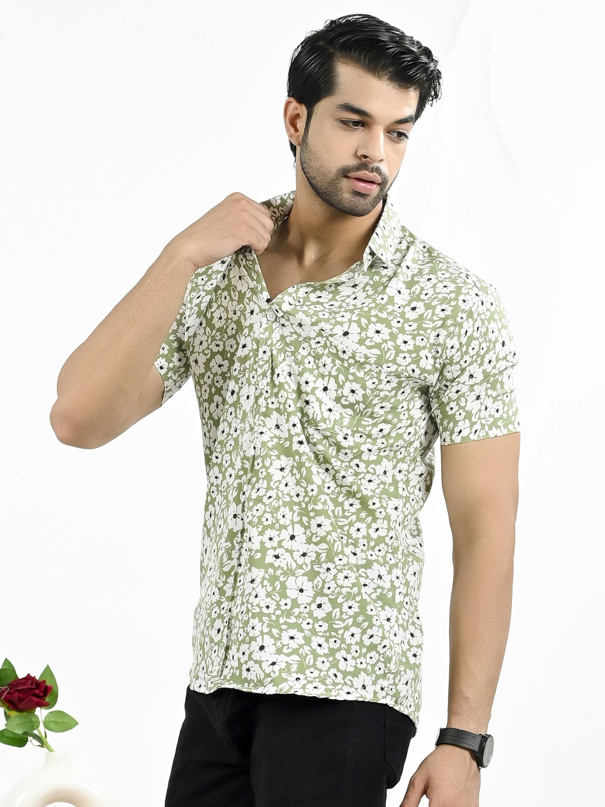 Mens Green Floral Printed Half Sleeve Crepe Shirt