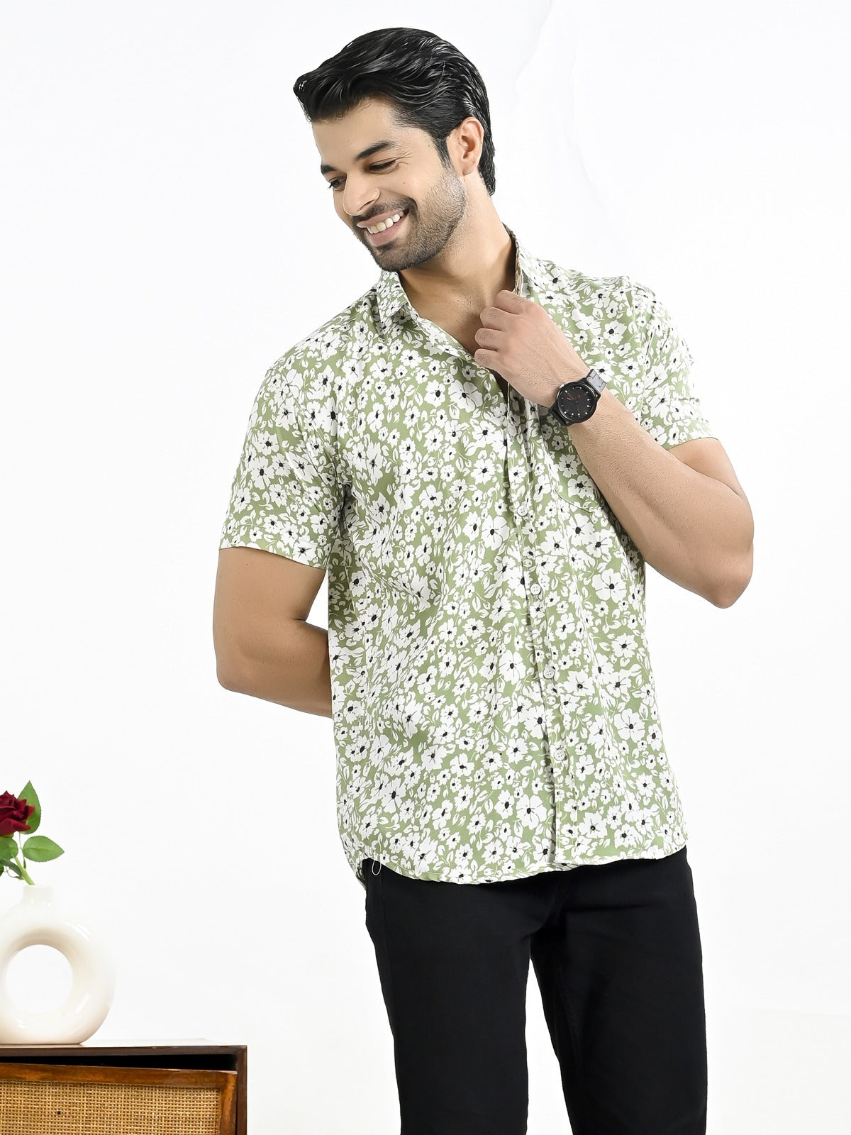 Mens Green Floral Printed Half Sleeve Crepe Shirt