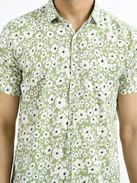 Mens Green Floral Printed Half Sleeve Crepe Shirt