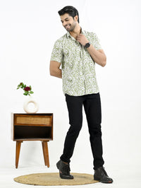 Mens Green Floral Printed Half Sleeve Crepe Shirt