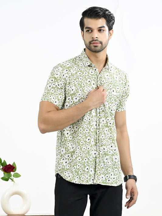 Mens Green Floral Printed Half Sleeve Crepe Shirt