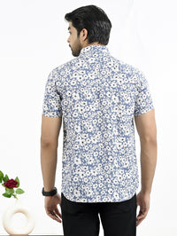 Mens Blue Floral Printed Half Sleeve Crepe Shirt