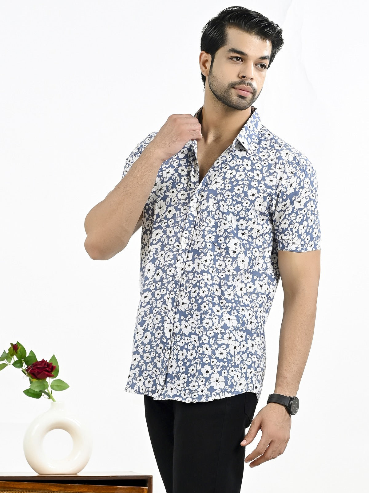 Mens Blue Floral Printed Half Sleeve Crepe Shirt