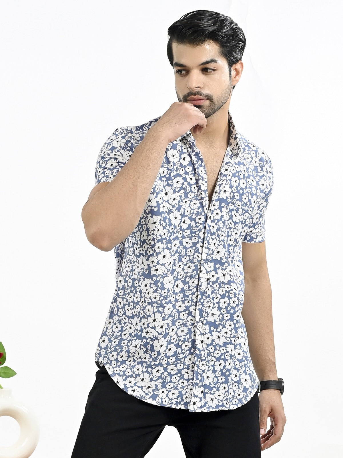 Mens Blue Floral Printed Half Sleeve Crepe Shirt