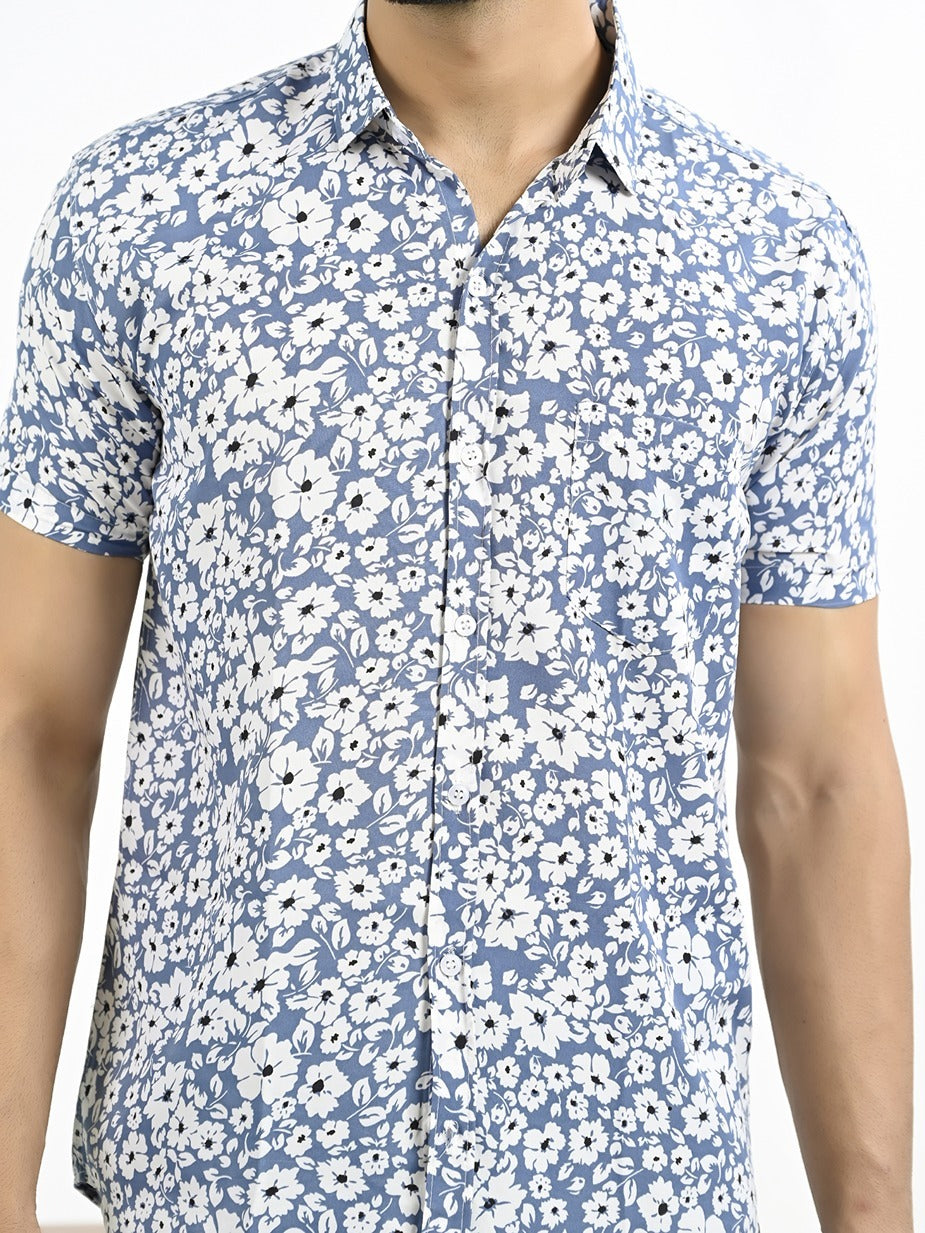 Mens Blue Floral Printed Half Sleeve Crepe Shirt