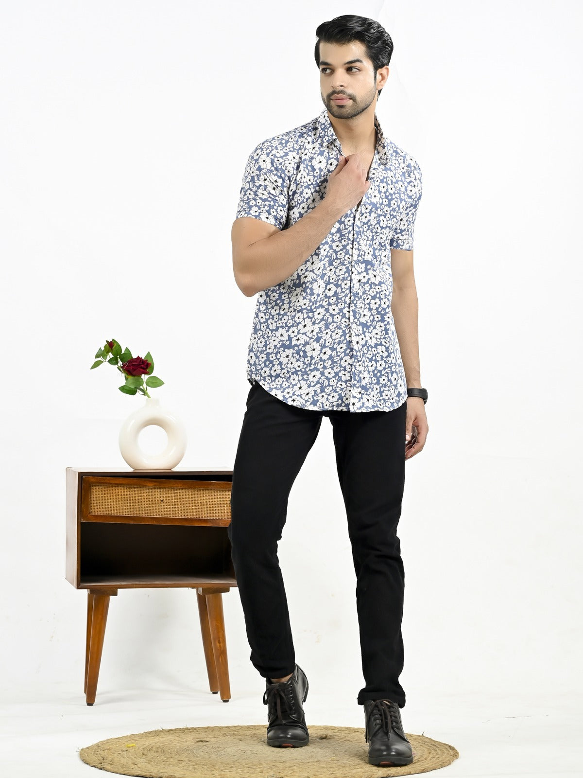 Mens Blue Floral Printed Half Sleeve Crepe Shirt