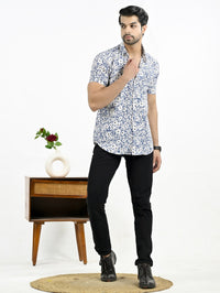 Mens Blue Floral Printed Half Sleeve Crepe Shirt