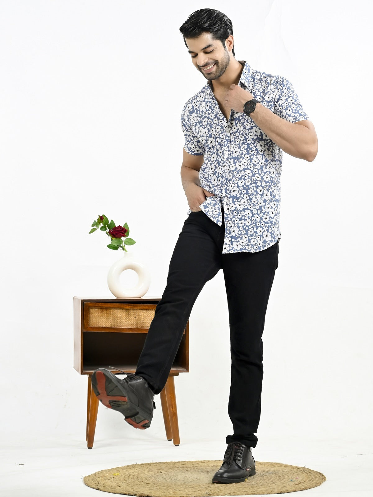 Mens Blue Floral Printed Half Sleeve Crepe Shirt