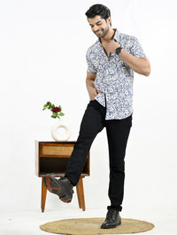 Mens Blue Floral Printed Half Sleeve Crepe Shirt