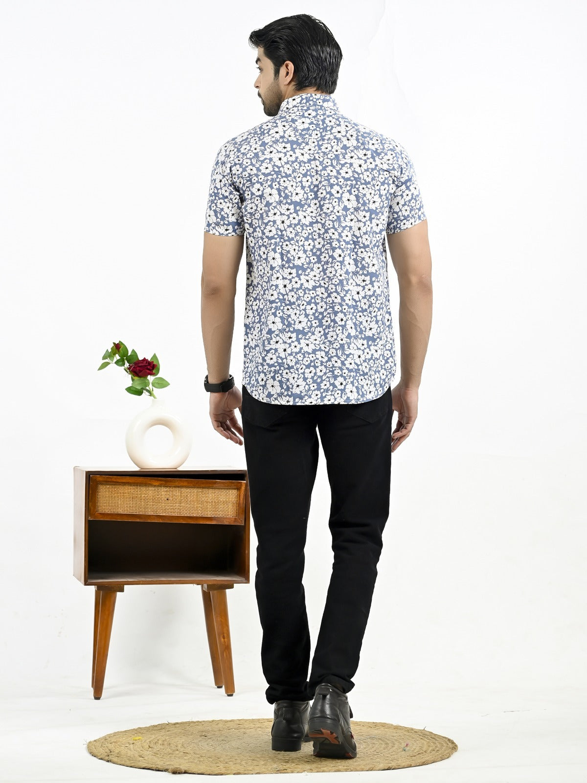 Mens Blue Floral Printed Half Sleeve Crepe Shirt