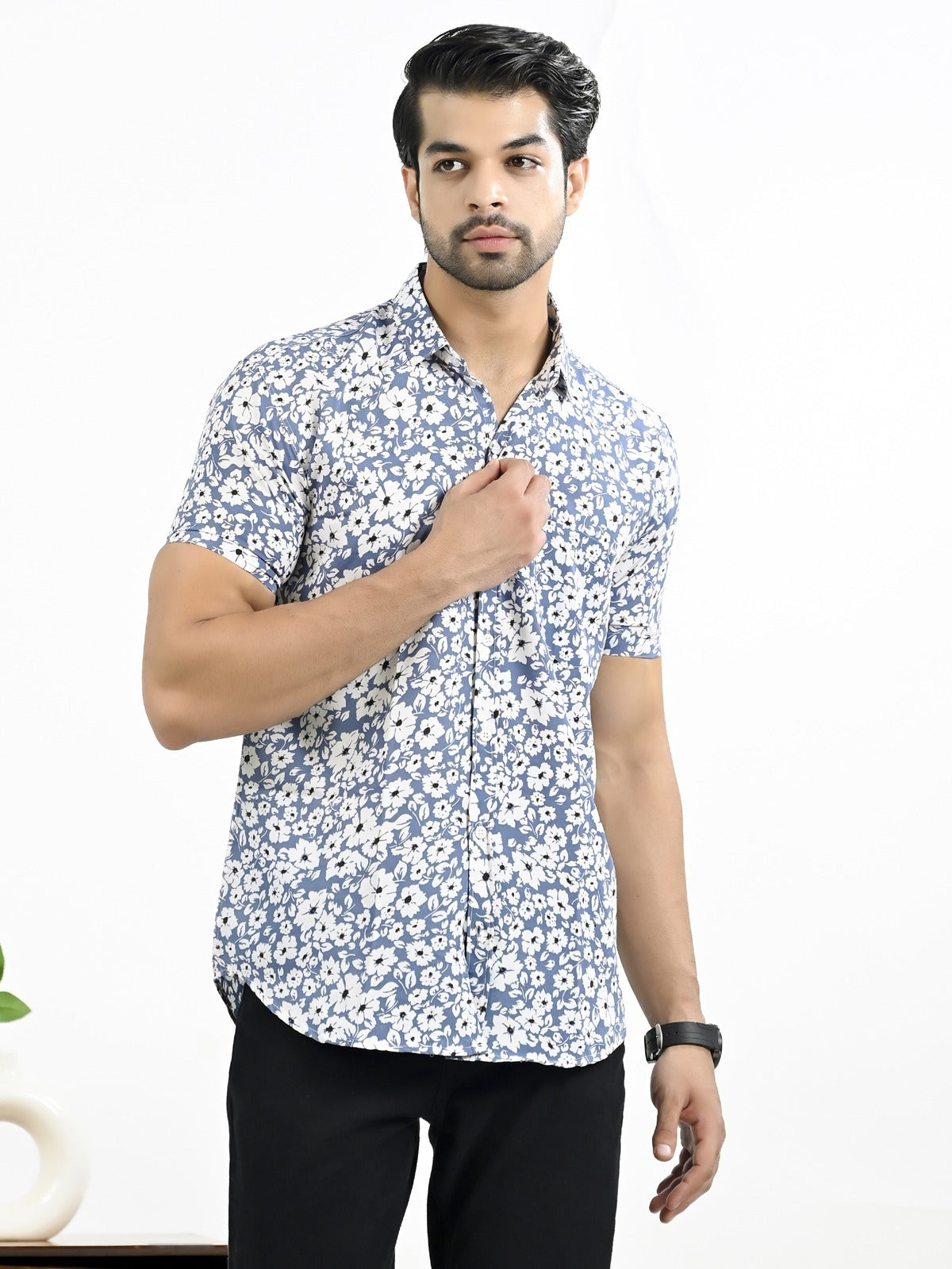 Mens Blue Floral Printed Half Sleeve Crepe Shirt