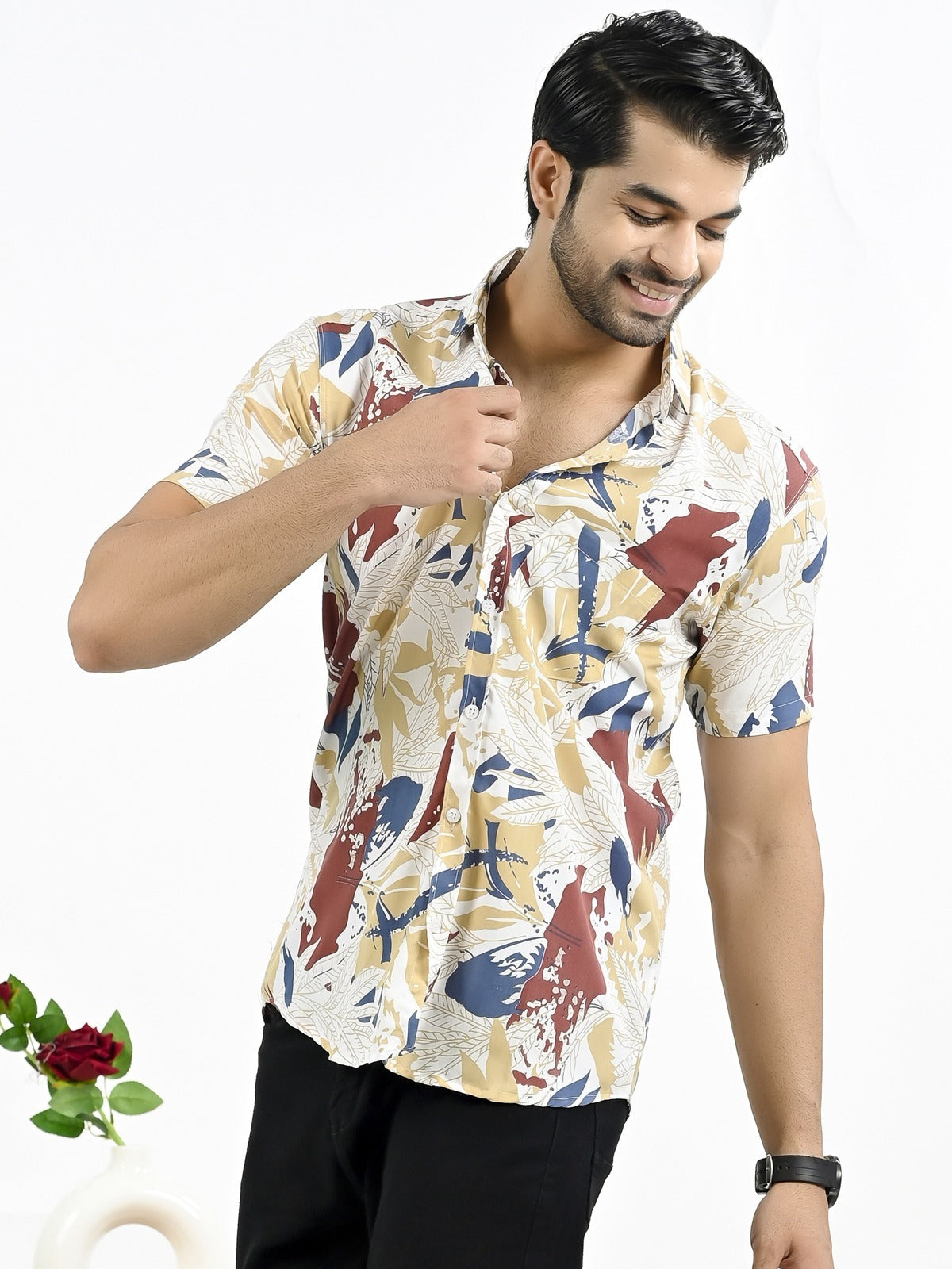 Mens Yellow Floral Printed Half Sleeve Crepe Shirt