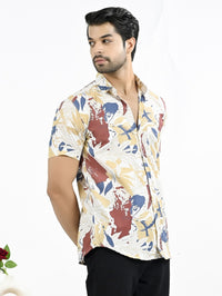 Mens Yellow Floral Printed Half Sleeve Crepe Shirt