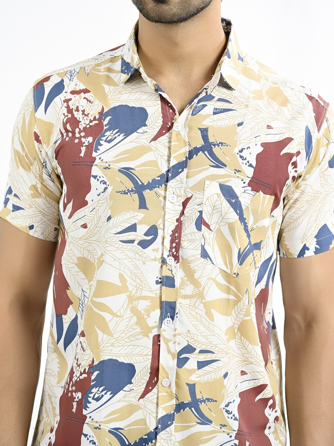 Mens Yellow Floral Printed Half Sleeve Crepe Shirt