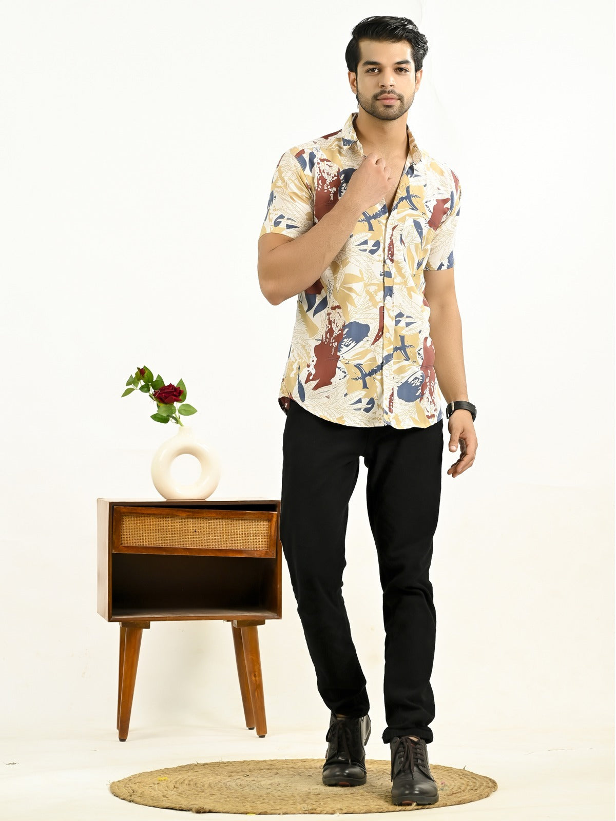 Mens Yellow Floral Printed Half Sleeve Crepe Shirt