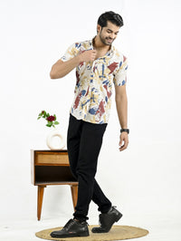 Mens Yellow Floral Printed Half Sleeve Crepe Shirt