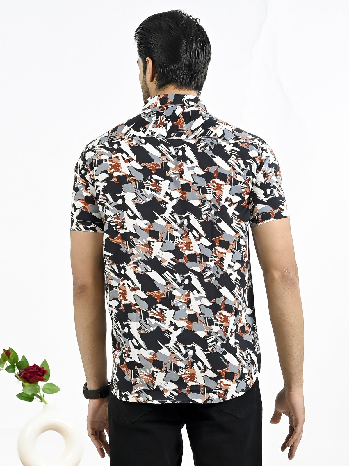 Mens Dark Blue Floral Printed Half Sleeve Crepe Shirt